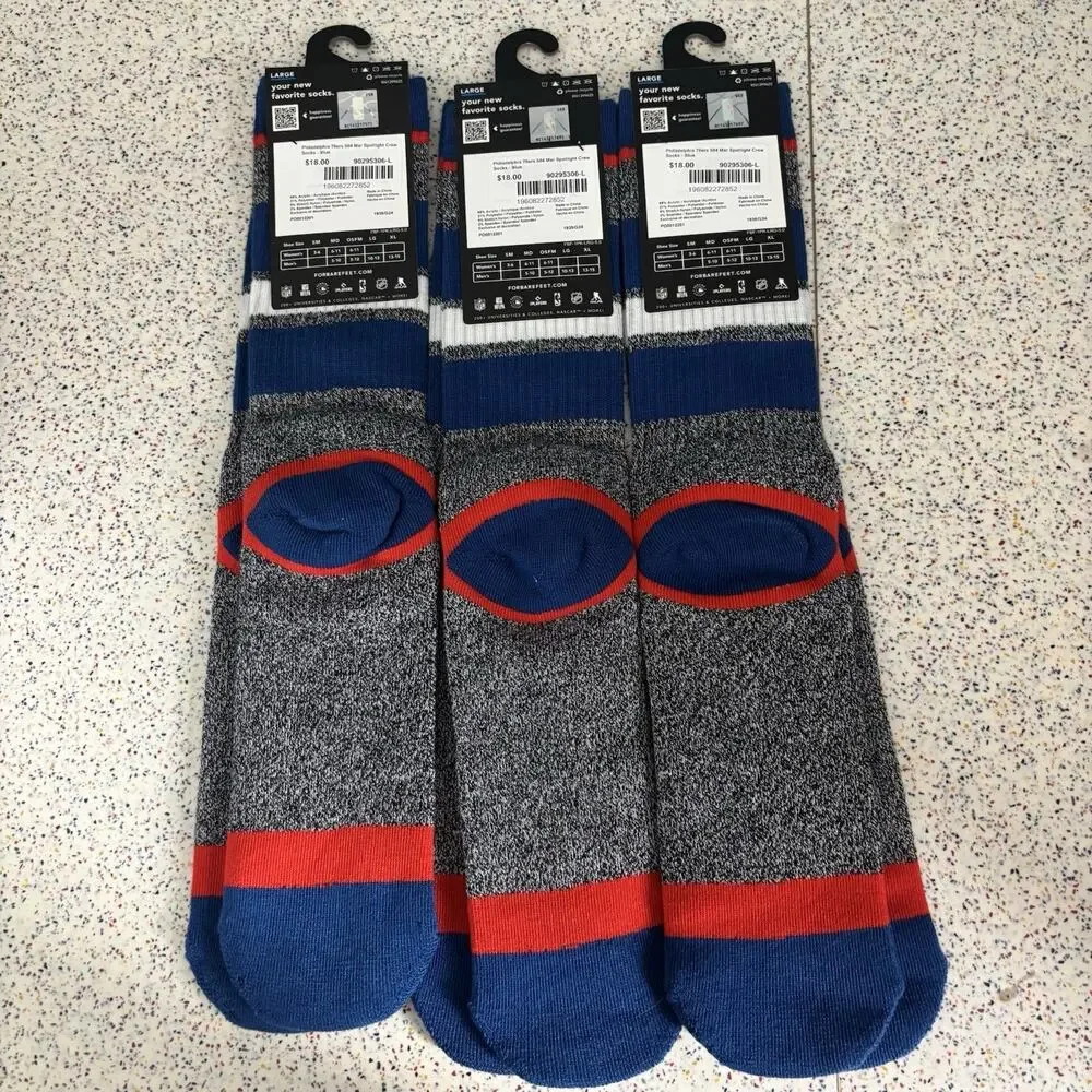 3-Pack Philadelphia 76er’s Spotlight Crew Socks Large Basketball NBA Sports Team